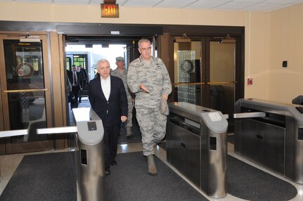 Sen. Jack Reed of Rhode Island, ranking member of the Senate Armed Services Committee, and U.S. Air Force Gen. John Hyten, commander of U.S. Strategic Command (USSTRATCOM), enter USSTRATCOM headquarters during Reed’s visit to Offutt Air Force Base, Neb., May 30, 2018.