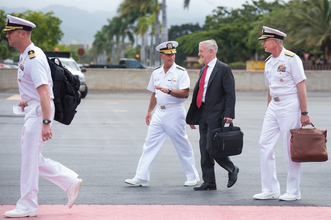 Defense Secretary James N. Mattis is greeted by Admiral John C. Aquilino in Hawaii.