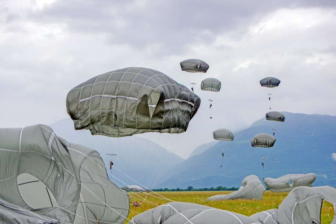 Parachutists descend to green grass, with mountains in the background.
