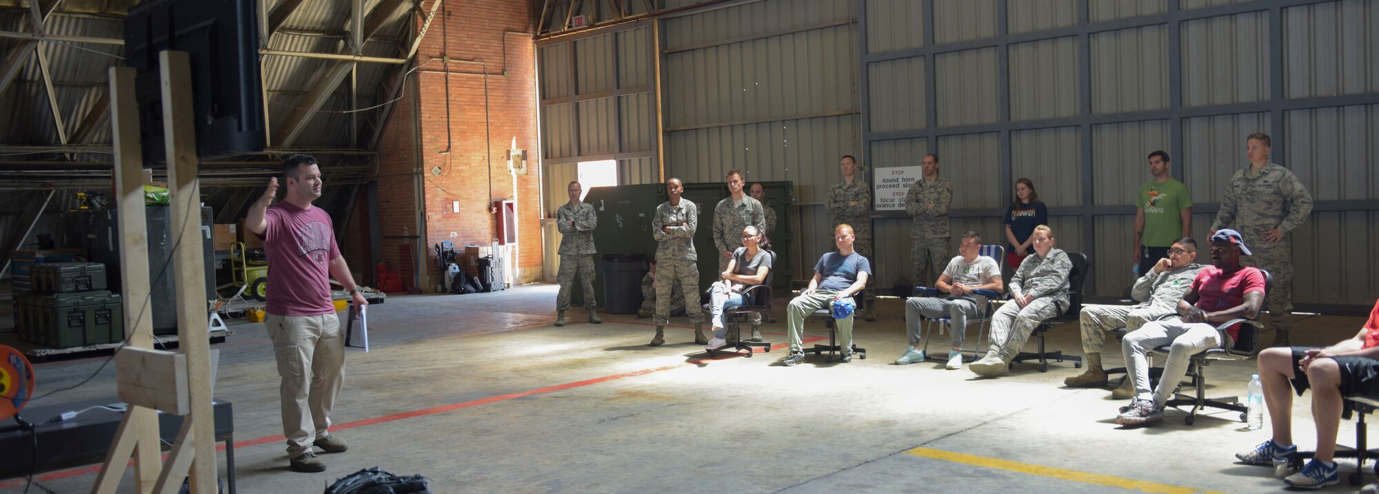 U.S. Air Force Airmen deployed with the 351st Expeditionary Air Refueling Squadron sit in a resiliency training class at Zaragoza, Spain, May 24, 2018. The ‘Balance your Thinking’ class was the first resiliency training for the 351st EARS during this deployment, and the tools are a key part to keeping Airmen happy and healthy. (U.S. Air Force photo by Airman 1st Class Alexandria Lee)