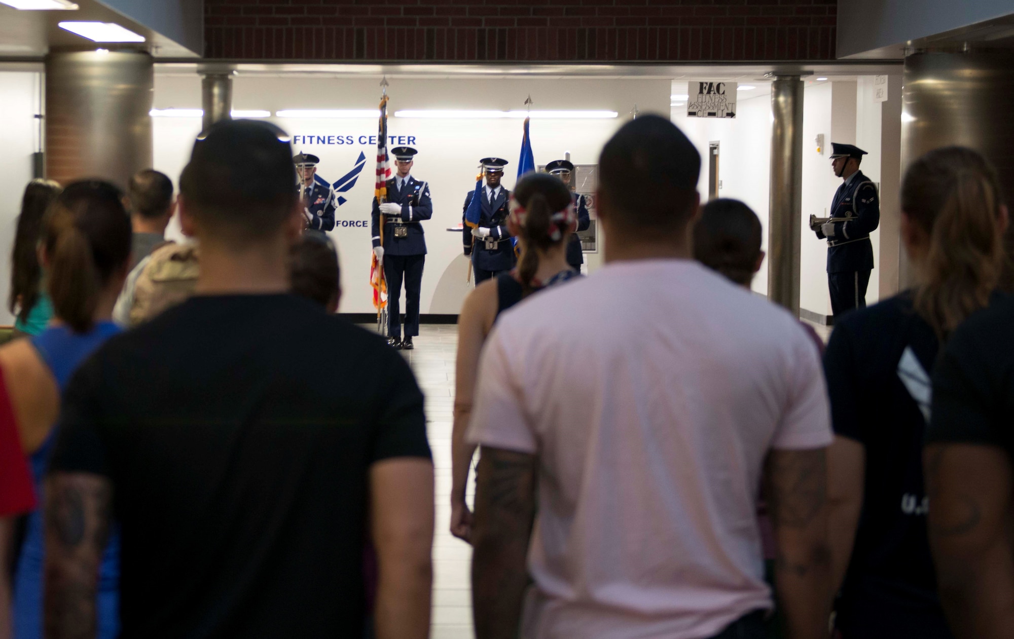 Team Shaw members stand at attention during the presentation of the colors prior to the Murph Challenge at Shaw Air Force Base, S.C., May 24, 2018.
