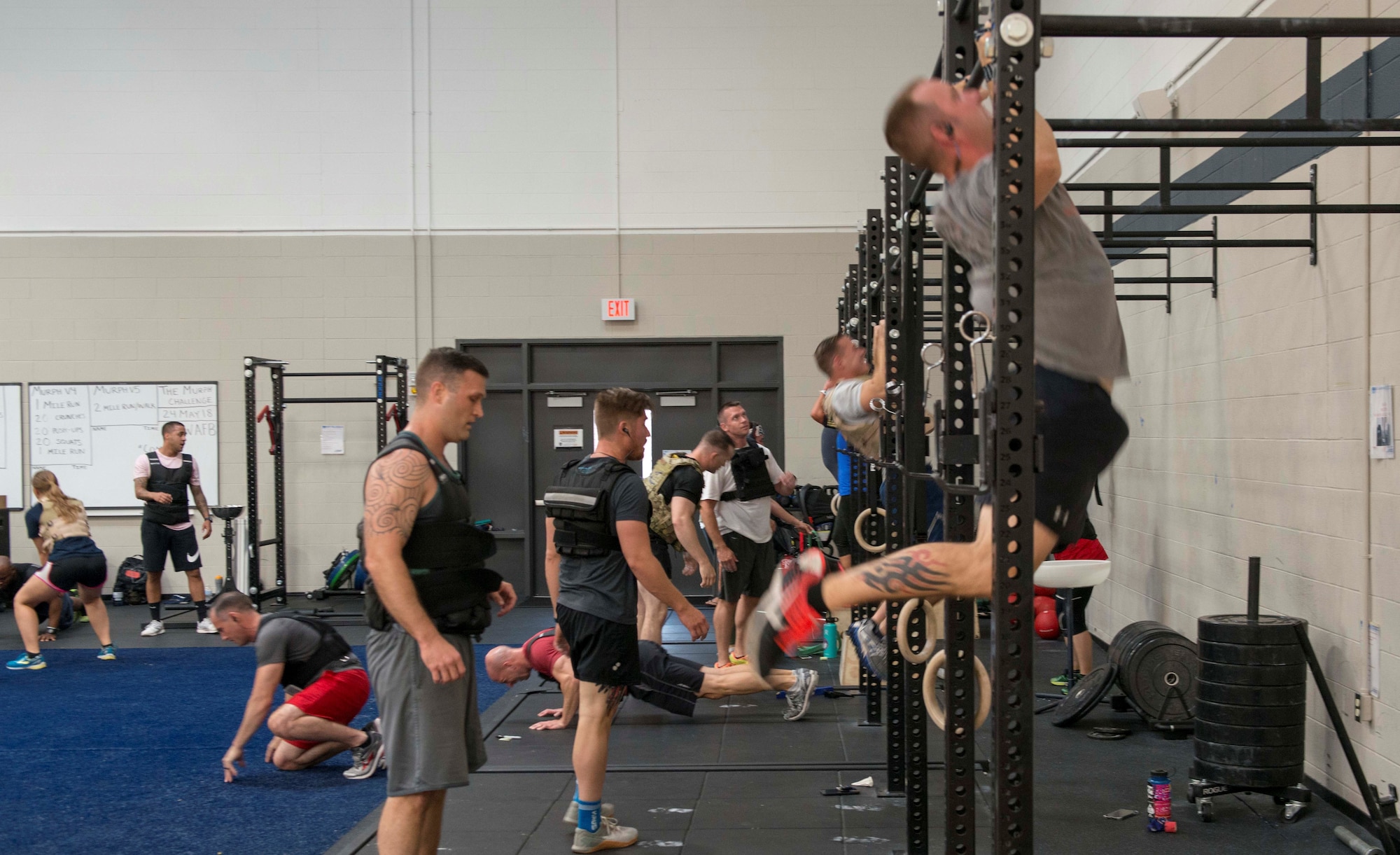 Team Shaw members perform pushups, pullups and squats during the Murph Challenge at Shaw Air Force Base, S.C., May 24, 2018.