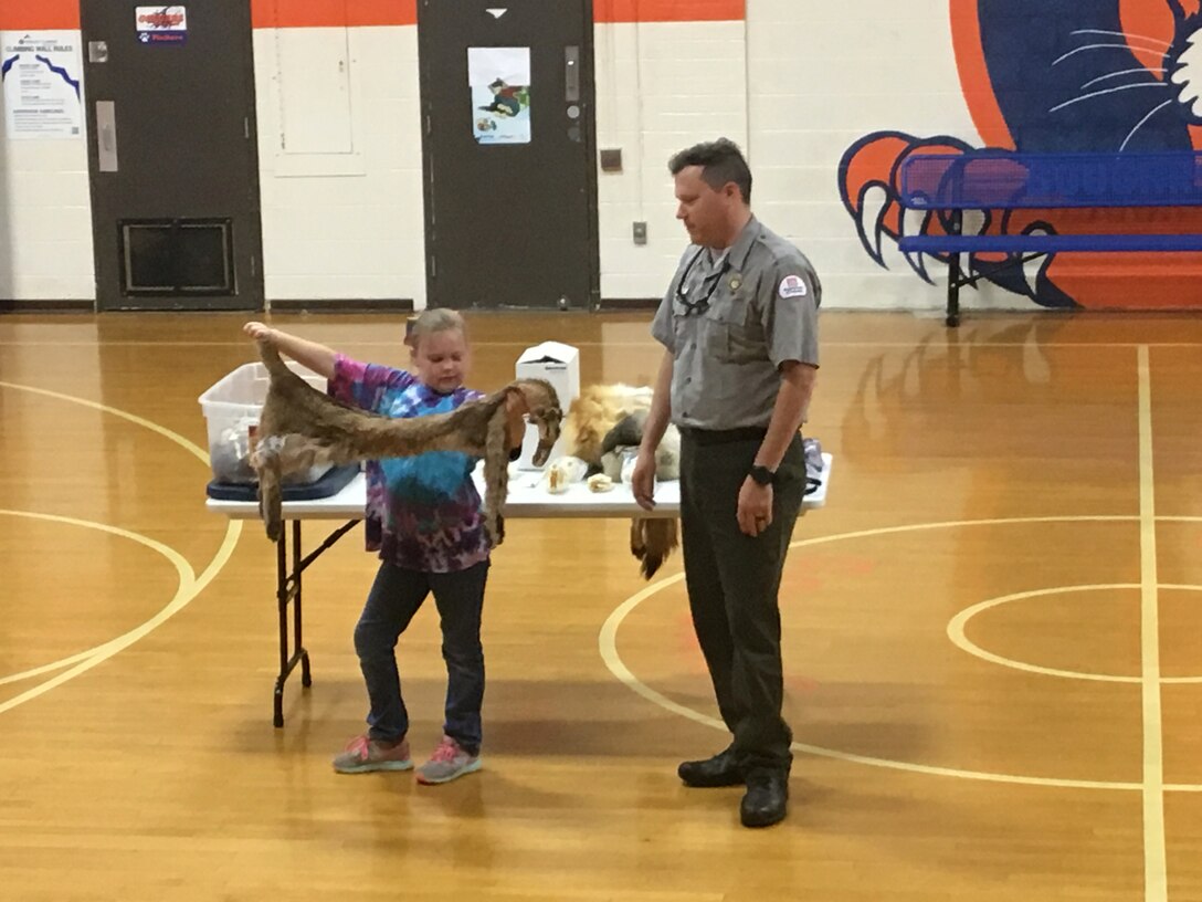 Trey Church, conservation biologist at Cheatham Lake, lets a student hold an animal pelt at West Cheatham Elementary School May 22, 2018 on Environmental Awareness Day. (Photo by Jessica Church)