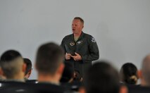 Air Force Col. Joseph McFall, 3rd Air Force vice commander, makes opening remarks at the second annual Atlantic Stripe Conference at the U.S. Air Forces in Europe and Air Forces Africa conference room on Ramstein Air Base, Germany, May 15, 2018. McFall began the conference with anecdotes recalling times in his career when noncommissioned officers stood out, going above and beyond. Some of the situations included deployed environments where NCOs took command of entire sections during manning shortfalls ensuring mission success through continuity. (U.S. Air Force photo by Airman 1st Class D. Blake Browning)