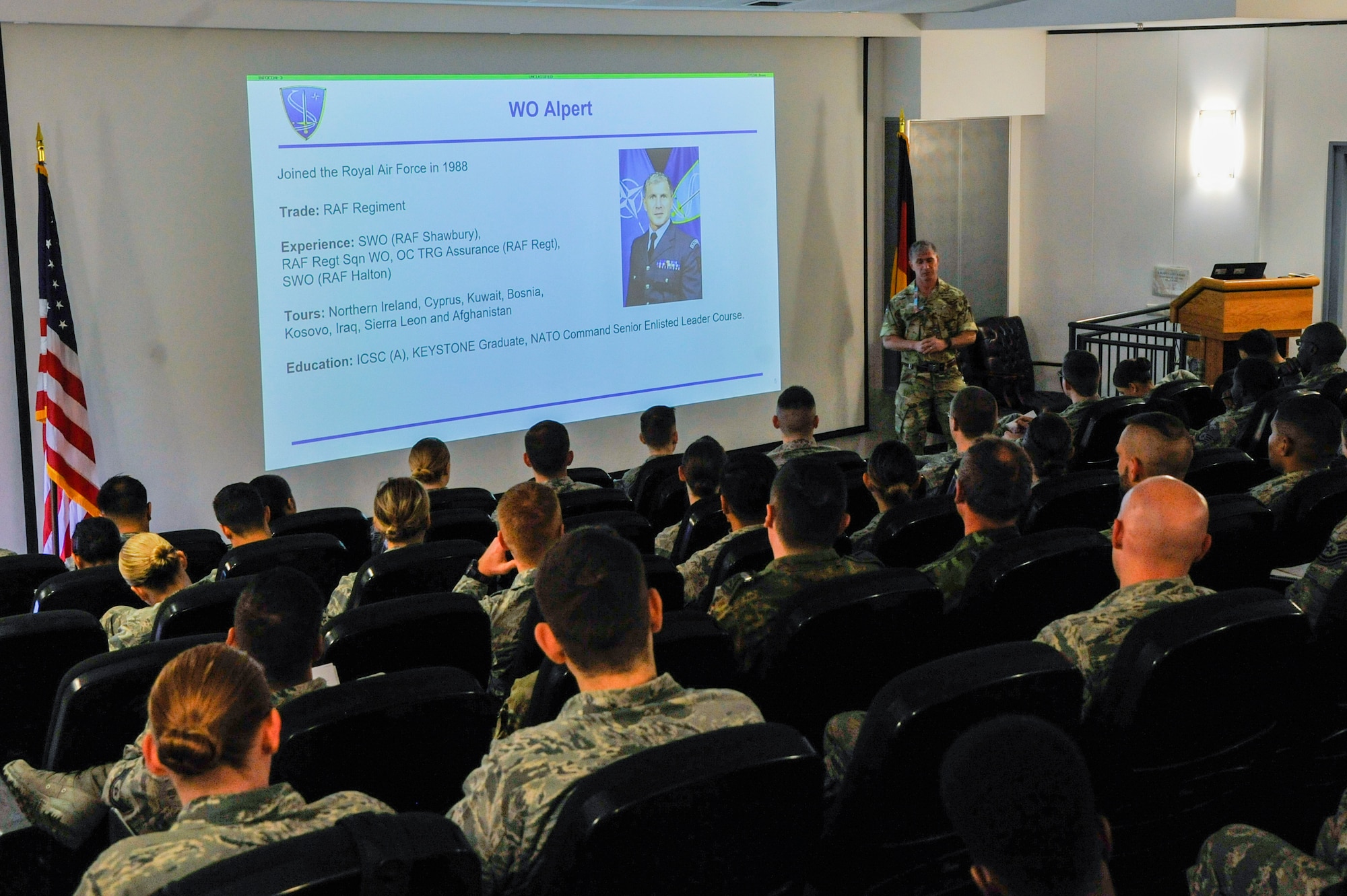 Royal Air Force Warrant Officer Jake Alpert, Allied Air Command command senior enlisted leader, leads a class on leadership philosophy at the second annual Atlantic Stripe Conference at the U.S. Air Forces in Europe and Air Forces Africa conference room on Ramstein Air Base, Germany, May 16, 2018. Sixty-four participants, including one member of the U.S. Army and five coalition partners, attended the four-day event aimed at strengthening the noncommissioned officer tier and equivalent throughout the military. (U.S. Air Force photo by Airman 1st Class D. Blake Browning)