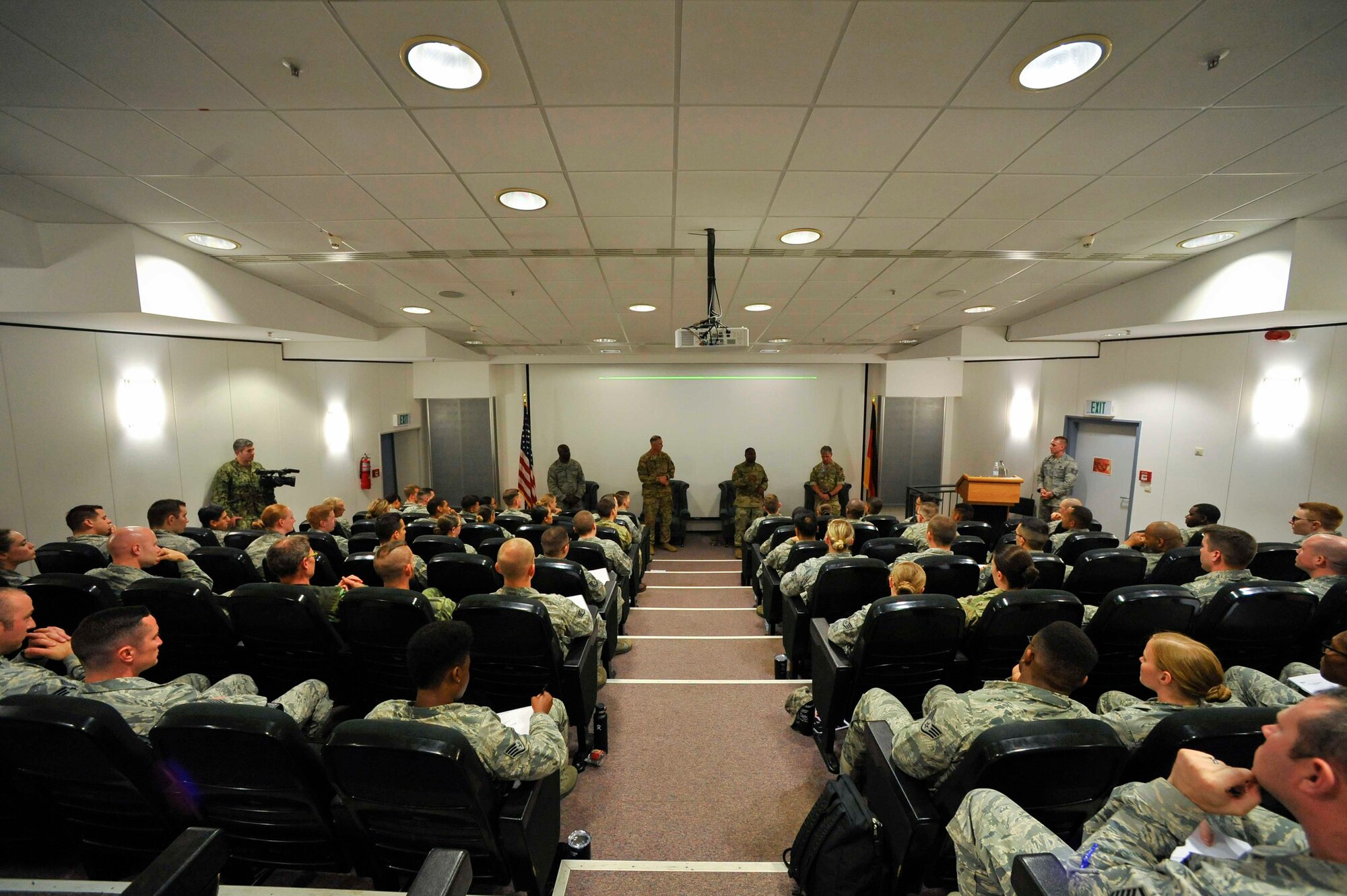 A panel of senior noncommissioned officers introduce themselves at the second annual Atlantic Stripe Conference at the U.S. Air Forces in Europe and Air Forces Africa conference room on Ramstein Air Base, Germany, May 17, 2018. Senior leaders coached, trained and mentored noncommissioned officers during the four-day conference. (U.S. Air Force photo by Airman 1st Class D. Blake Browning)