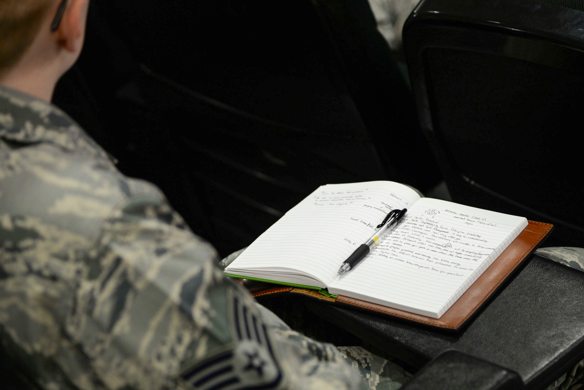 Notes lay on a desk at the second annual Atlantic Stripe Conference at the U.S. Air Forces in Europe and Air Forces Africa conference room on Ramstein Air Base, Germany, May 17, 2018. Some of the topics covered during the conference included leadership traits, self-awareness, and articulating the mission, specifically to subordinates. (U.S. Air Force photo by Airman 1st Class D. Blake Browning)