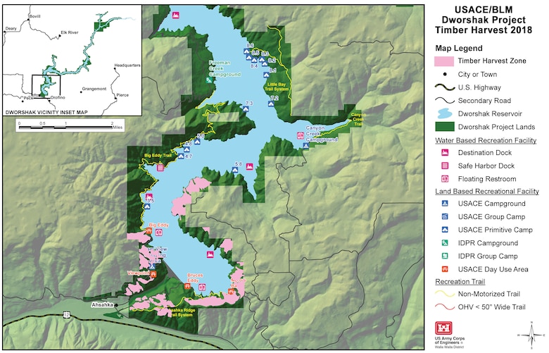 Map of 2018 Dworshak timber-harvest zones. Timber-harvest activities to occur throughout the remainder of the year around Dworshak Dam and Reservoir may require temporary access restrictions to some recreation areas. Natural resources staff at Dworshak advise visitors to remain alert for logging trucks and timber-harvest equipment using the roads to and from lands around the reservoir.