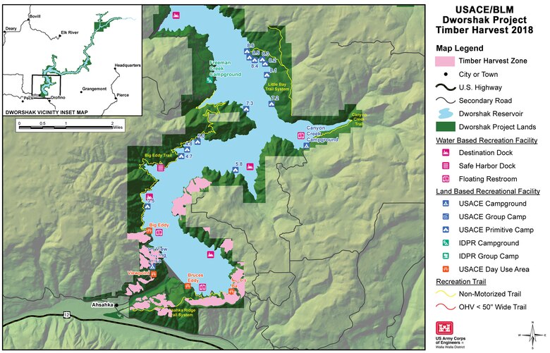 Map of 2018 Dworshak timber-harvest zones. Timber-harvest activities to occur throughout the remainder of the year around Dworshak Dam and Reservoir may require temporary access restrictions to some recreation areas. Natural resources staff at Dworshak advise visitors to remain alert for logging trucks and timber-harvest equipment using the roads to and from lands around the reservoir.