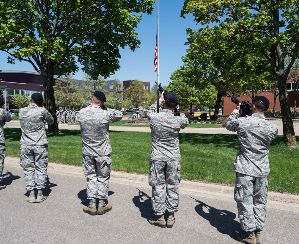May 15th is designated as Peace Officer memorial Day. Flags are flown at half staff and 934th Security Forces members honor peace officers who have been killed or injured in the line of duty during a ceremony at the Minneapolis-St. Paul Air Reserve Station. (Air Force Photo/Paul Zadach)