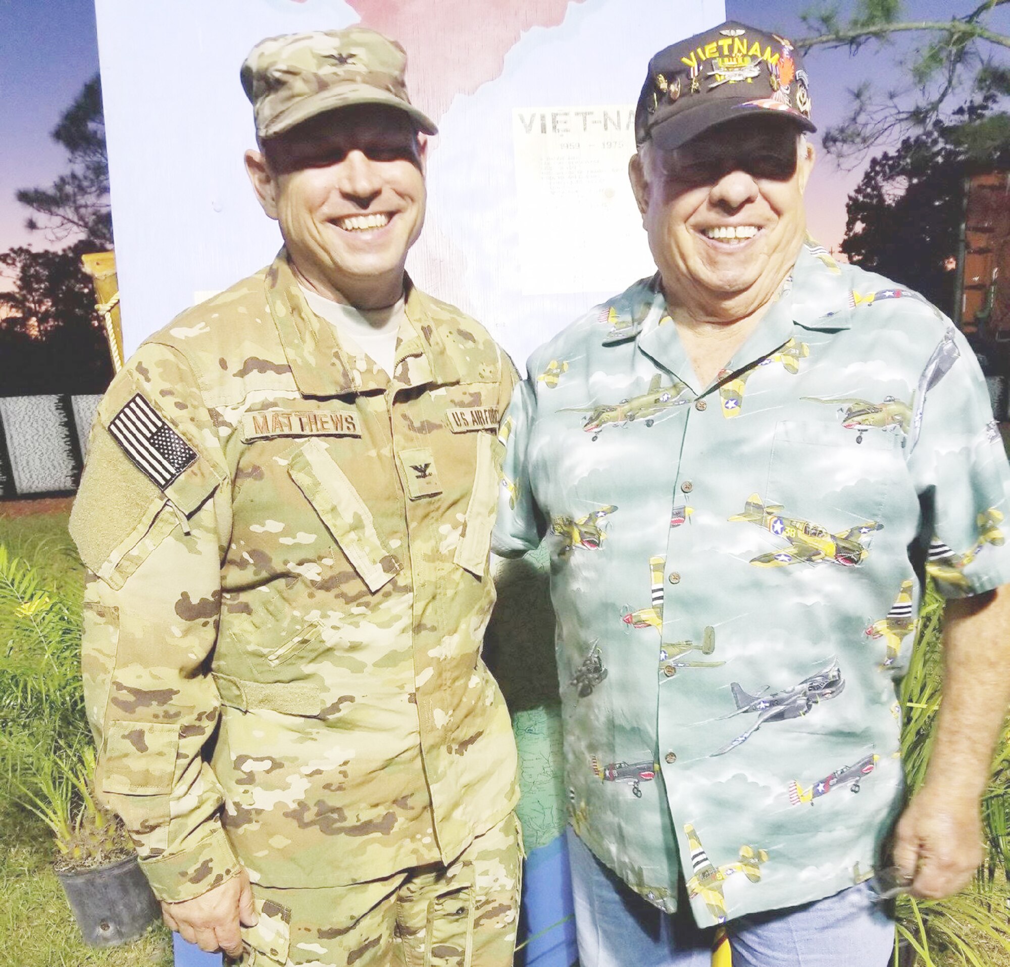 Col. Kurt A. Matthews, 920th Rescue Wing commander, left, poses with his dad, Maj. George Matthews, Ret., a Vietnam pilot who was awarded the Silver Star and Distinguished Flying Cross for his heroics. The two men attended the Traveling Vietnam Wall in Melbourne, Florida, April 16, 2018, where Kurt Matthews was asked to speak. Kurt shared the heroics of Airmen within his wing, as well as his dad's. George Matthews flew fighter-bomber missions in the A-26 Invader over Southeast Asia to halt war supplies being transported along the Ho Chi Minh trail from Dec. 1966 - Oct. 1967. George lost his brother Aitken "Kenny" Matthews in Vietnam the previous year on Feb. 14, 1966. George instilled in Kurt at a young age the meaning of Memorial Day. George visits 13 friends whose names are on the wall. (Courtesy photo)