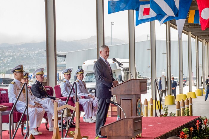 Defense Secretary James N. Mattis delivers remarks at the U.S. Indo-Pacific Command change-of-command ceremony.