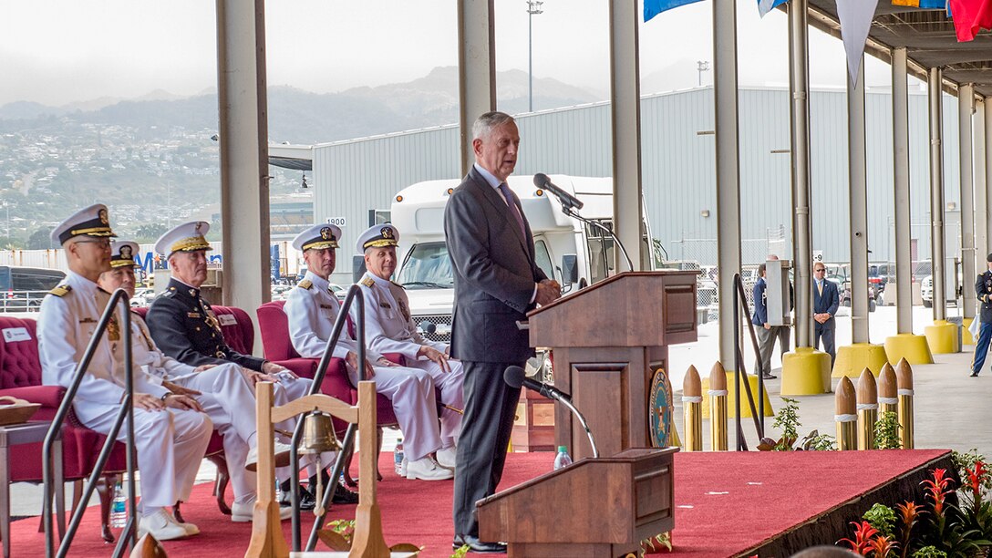 Defense Secretary James N. Mattis delivers remarks at the U.S. Indo-Pacific Command change-of-command ceremony.