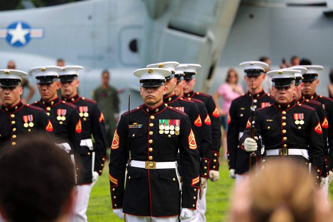 Corporal Ryan Watkins, rifle inspector, U.S. Marine Corps Silent Drill Platoon, executes a rifle inspection during SDP’s performance as a part of a Battle Color Ceremony for New York Fleet Week at Prospect Park, Brooklyn, NY, May 26, 2018. Fleet Week New York is an opportunity for the American public to meet their Marine Corps, Navy and Coast Guard teams and experience America’s sea services.(Official Marine Corps photo by Cpl. Damon Mclean/Released)