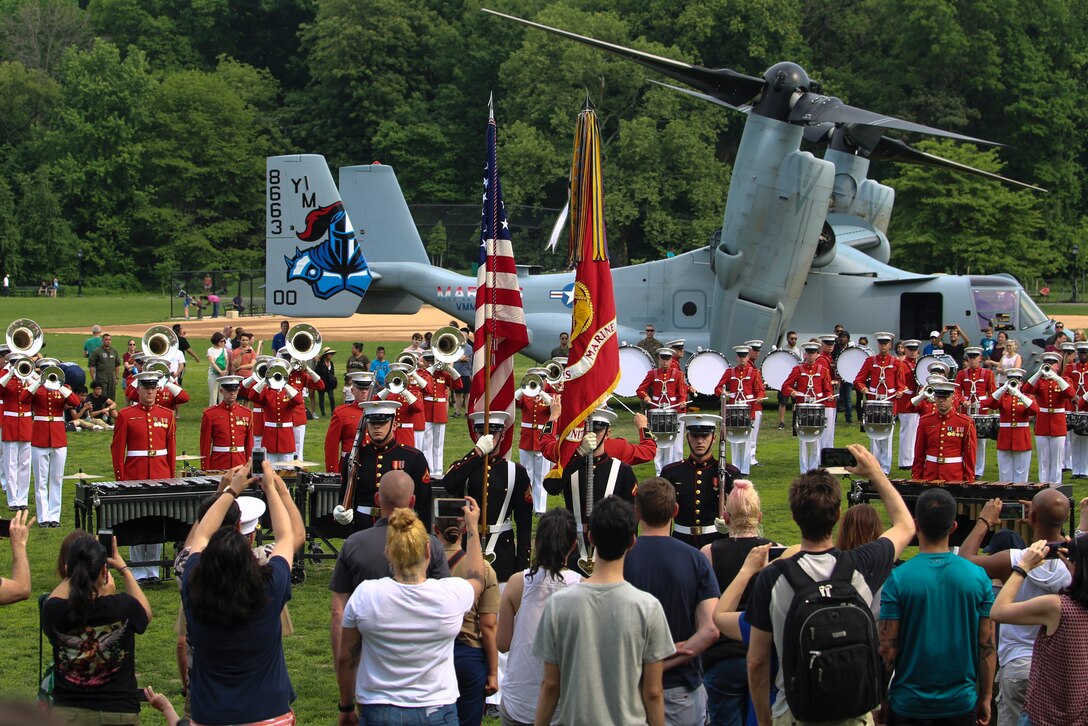 Gunnery Sgt. Michael Charneske, platoon sergeant, U.S. Marine Corps Silent Drill Platoon, marches SDP platoon across the parade deck during SDP’s performance as a part of a Battle Color Ceremony for New York Fleet Week at Prospect Park, Brooklyn, NY, May 26, 2018. Fleet Week New York is an opportunity for the American public to meet their Marine Corps, Navy and Coast Guard teams and experience America’s sea services.(Official Marine Corps photo by Cpl. Damon Mclean/Released)