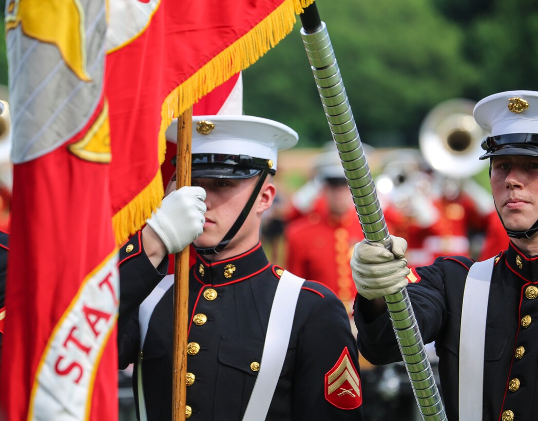 The Battle Color Detachment performs their Battle Color Ceremony as a part of New York Fleet Week at Prospect Park, Brooklyn, NY, May 26, 2018. Fleet Week New York is an opportunity for the American public to meet their Marine Corps, Navy and Coast Guard teams and experience America’s sea services.(Official Marine Corps photo by Cpl. Damon Mclean/Released)