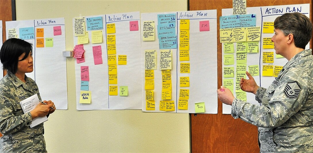 Master Sgt. Amy Whitman-Rector,team lead and 340th FTG financial analysis section chief, discusses proposed action plan items with Group Deputy Commander Col. Janette Thode, who stood in for improvement process champion Col. Allen Duckworth, 340th FTG Commander., . (U.S. Air Force photo by Janis El Shabazz)