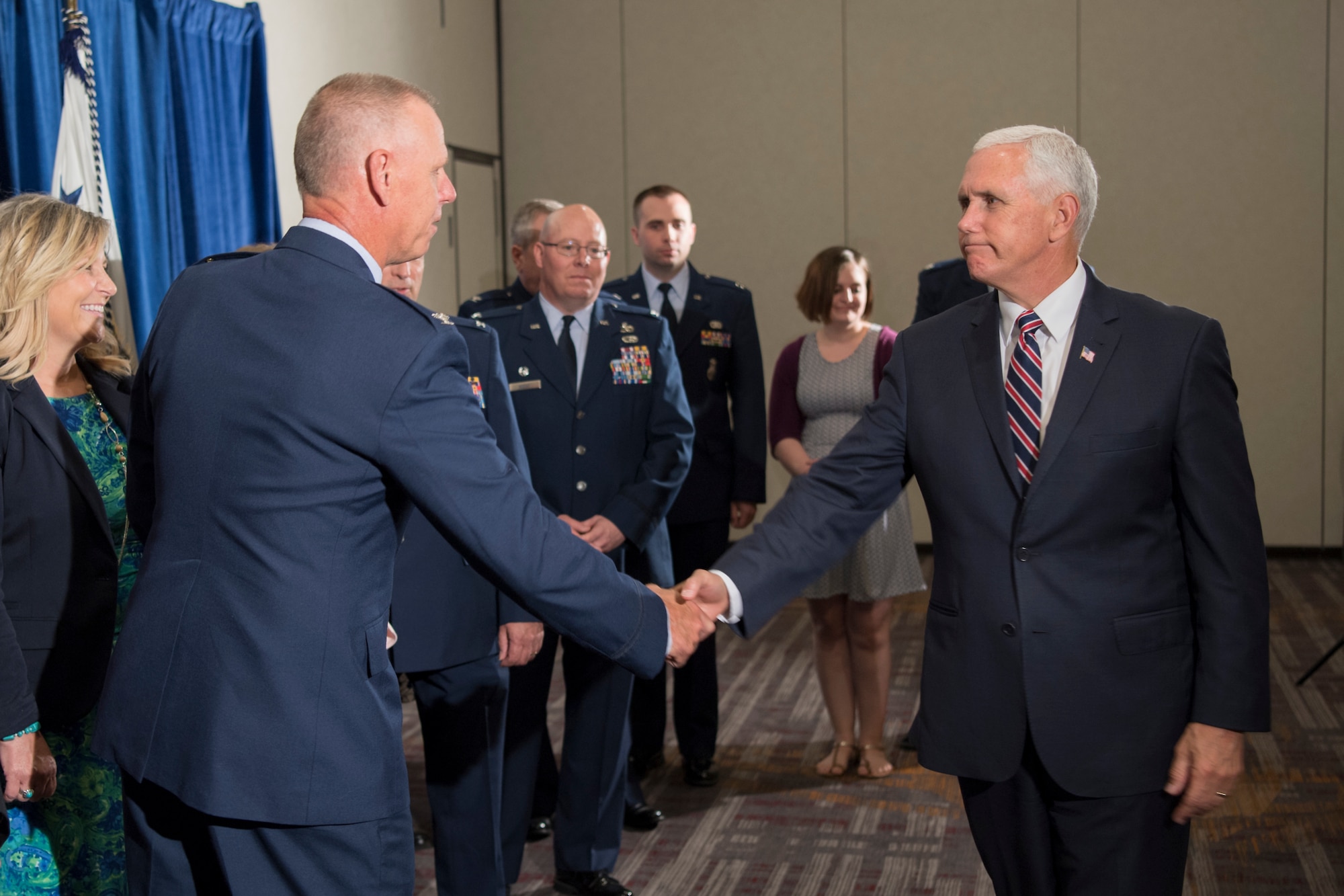 Col. Larry Shaw, 434th Air Refueling Wing commander, shakes hands with Vice President Mike Pence during a meet-and-greet in Indianapolis May 18, 2018. Shaw and five other key leadership from Grissom Air Reserve Base were invited to meet with Pence prior to his tax reform speech at the Indianapolis Downtown Marriott. (U.S. Air Force photo/Tech. Sgt. Benjamin Mota)