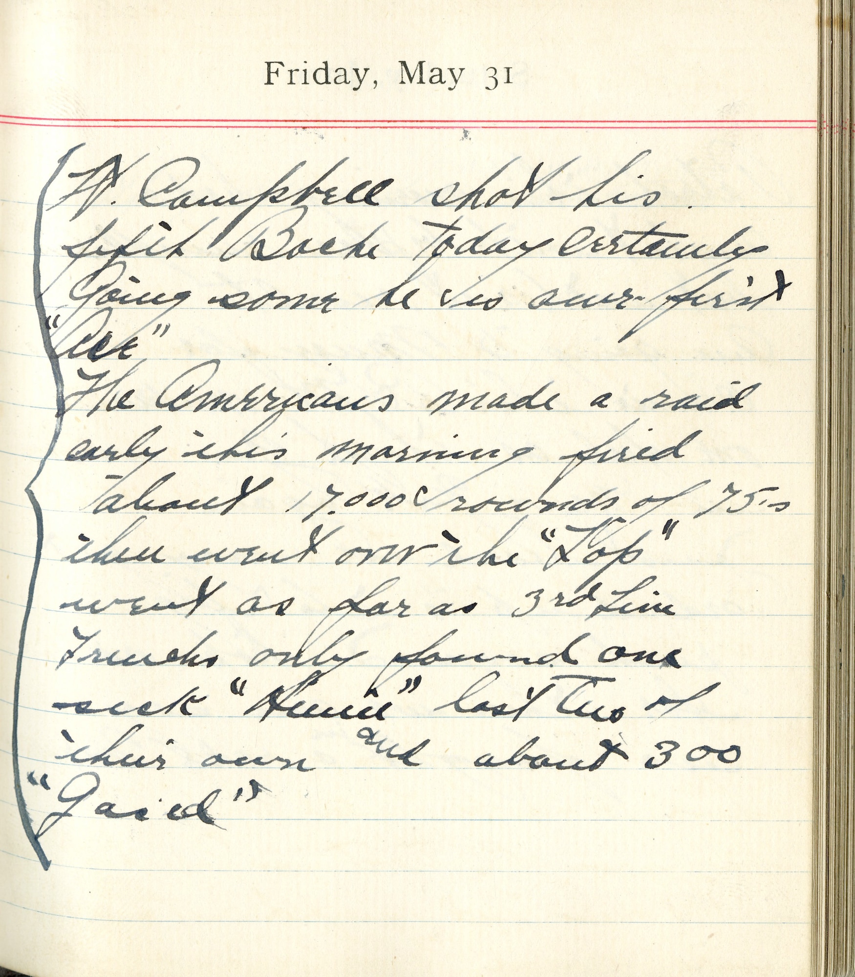 Lt. Campbell shot his fifth Boche today.  Certainly going some, he is our first “Ace.”

The Americans made a raid early this morning.  Fired about 17,000 rounds of 75’s then went over the “top.”  Went as far as 3rd line trenches.  Only found one sick [illegible] lost two of their own and about 300 “gassed.”