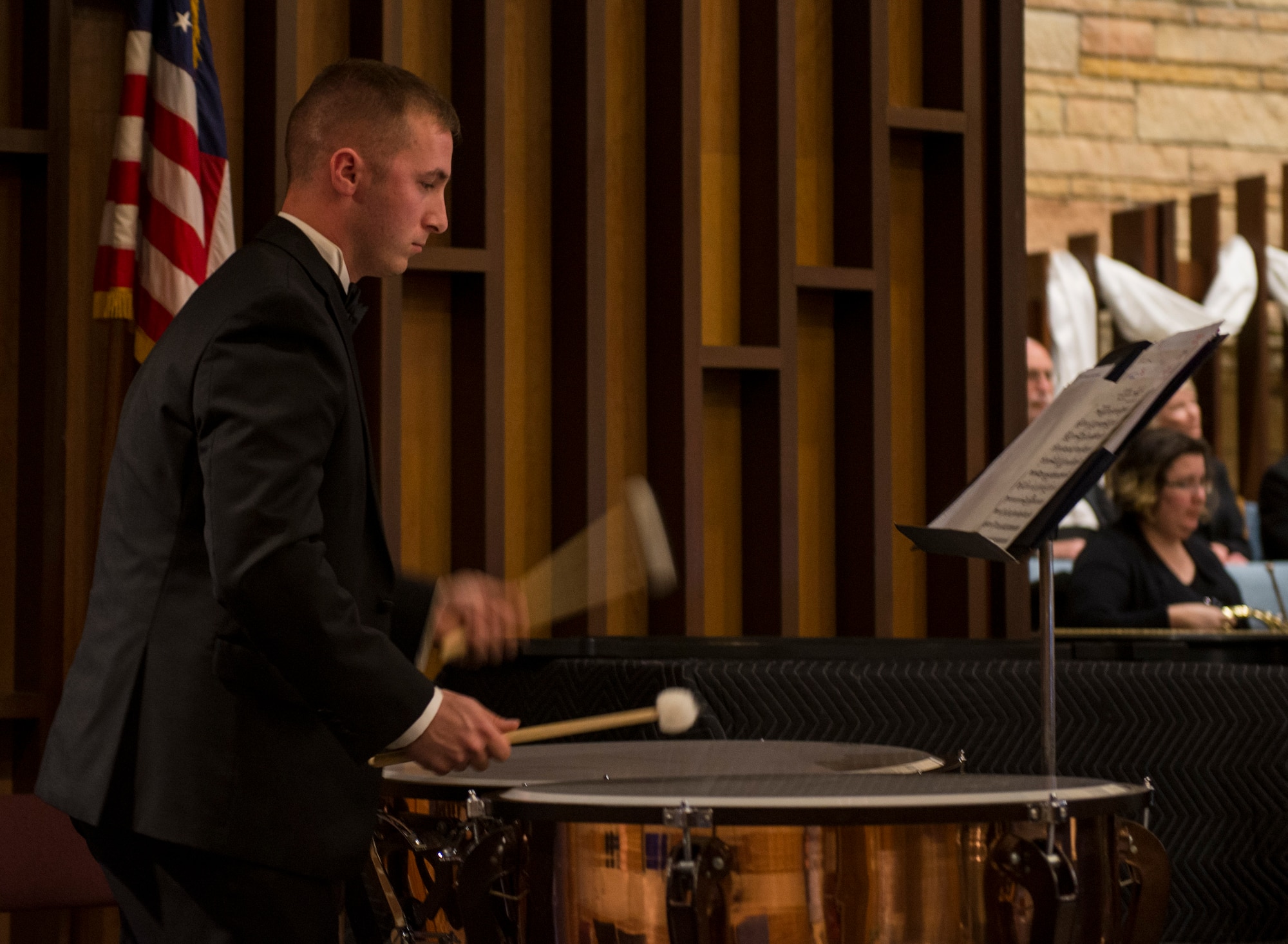 Staff Sgt. Richard Ransom, 375th Civil Engineering Squadron construction management technician, plays a drum during a Belleville Philharmonic Orchestra performance April 28, 2018, at the Saint Paul United Church of Christ in Belleville, Illinois. Ransom has been a member of the Belleville Philharmonic Orchestra for the last three years and is one of two 375th Air Mobility Wing members playing for the orchestra. (U.S. Air Force Photo by Airman 1st Class Chad Gorecki)