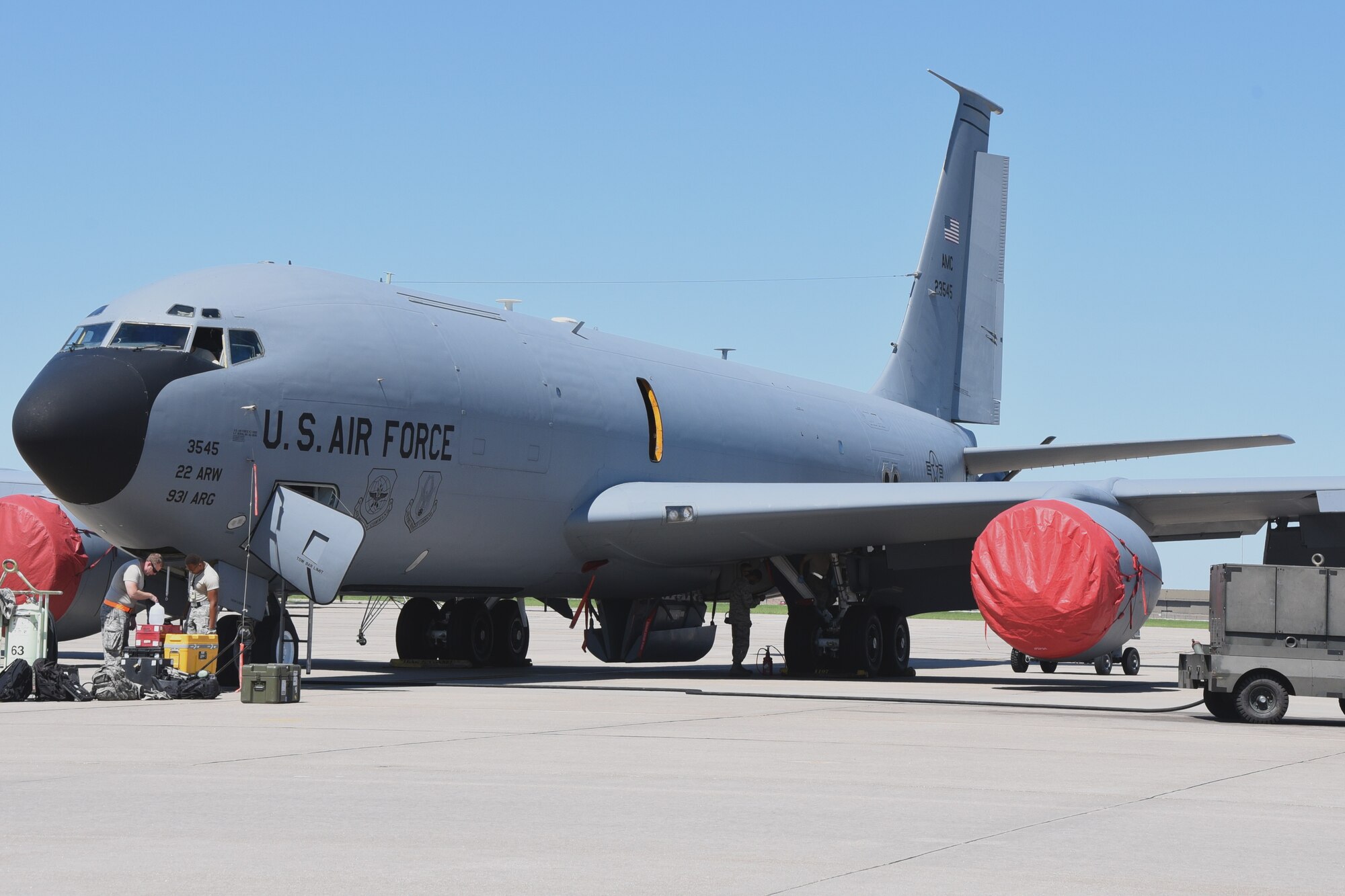 A KC-135 Stratotanker is prepared for an in-air refueling