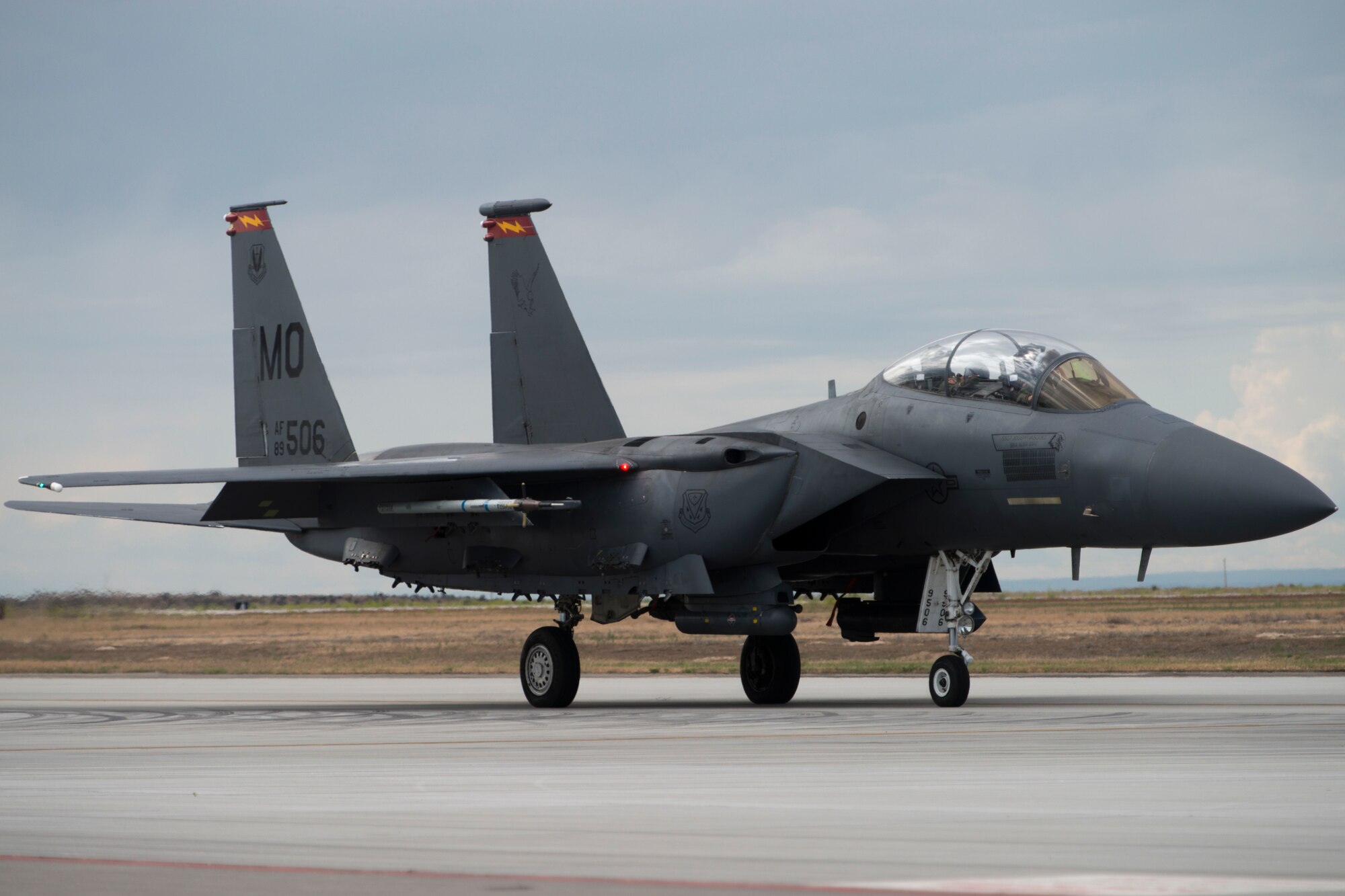 A F-15E Strike Eagle taxies to the runway during an exercise, May 23, 2018 at Mountain home Air Force Base, Idaho. Gunfighter Flag 18-2 encompassed both the Belgian Air Component and Idaho Civil Air Patrol. (U.S. Air Force photo by Airman 1st Class JaNae Capuno)