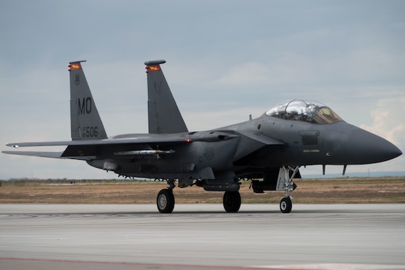 A F-15E Strike Eagle taxies to the runway during an exercise, May 23, 2018 at Mountain home Air Force Base, Idaho. Gunfighter Flag 18-2 encompassed both the Belgian Air Component and Idaho Civil Air Patrol. (U.S. Air Force photo by Airman 1st Class JaNae Capuno)