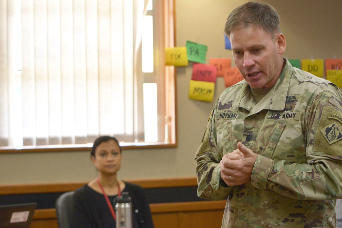 Honolulu District Commander Lt. Col. James D. Hoyman answers questions May 23, 2018 during the Defense Environmental Restoration Program for Formerly Used Defense Sites (DERP-FUDS) Forum held with organizations and community officials throughout Hawaii. Honolulu District’s area of responsibility under DERP-FUDS covers the State of Hawaii, American Samoa, Guam, the Commonwealth of the Northern Mariana Islands (CNMI), and U.S. Pacific island possessions. For nearly three years the Corps has been conducting an initiative to educate property owners about the history of their properties and what actions they can take to reduce any potential risks. USACE executes the FUDS Program on behalf of the U.S. Army and Department of Defense. The U.S. Army and DOD are dedicated to protecting human health and the environment by investigating and, if required, cleaning up potential contamination or munitions that may remain on these properties from past DOD activities.