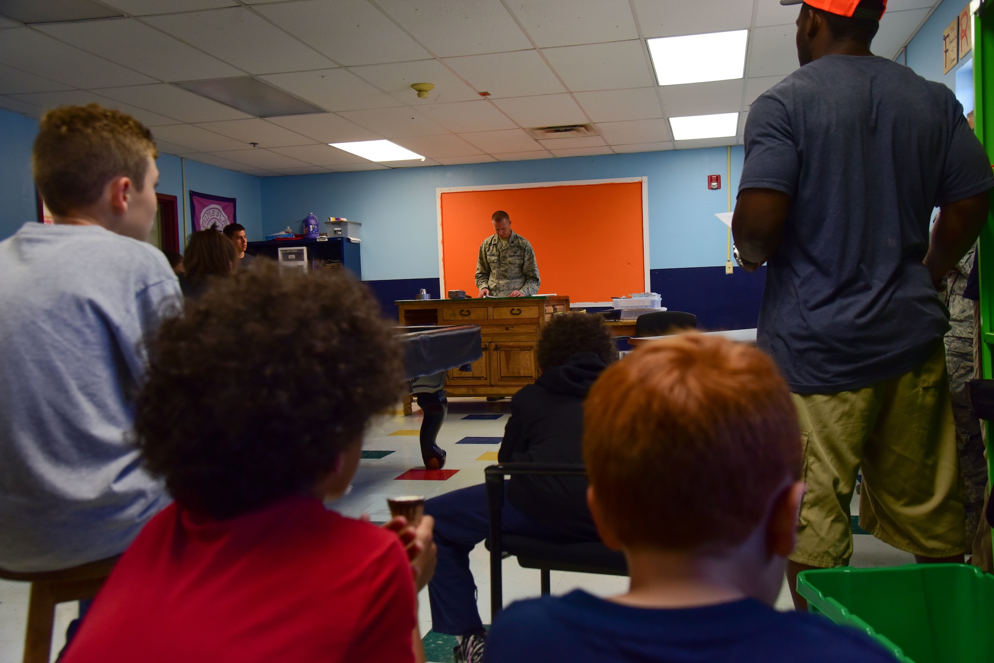 Maj. Reagan Beaton, 47th Flying Training Wing staff judge advocate, presides over a case accusing Luke Skywalker of exploding the death star at the youth center on Laughlin Air Force Base, Texas, May 30, 2018. To demonstrate the role of their office on Laughlin, the 47th JA team set up a mock trial to help children’s’ awareness on legal topics. (U.S. Air Force photo by Airman 1st Class Marco A. Gomez)