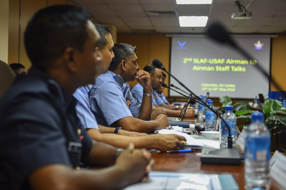 Sri Lanka Air Force (SLAF) leaders listen to a briefing from U.S. Air Force Maj. Gen. James O. Eifert, Air National Guard assistant to the commander of Pacific Air Forces, during the SLAF, USAF Airman to Airman Talks mid-May, 2018, in the SLAF Headquarters, Sri Lanka.