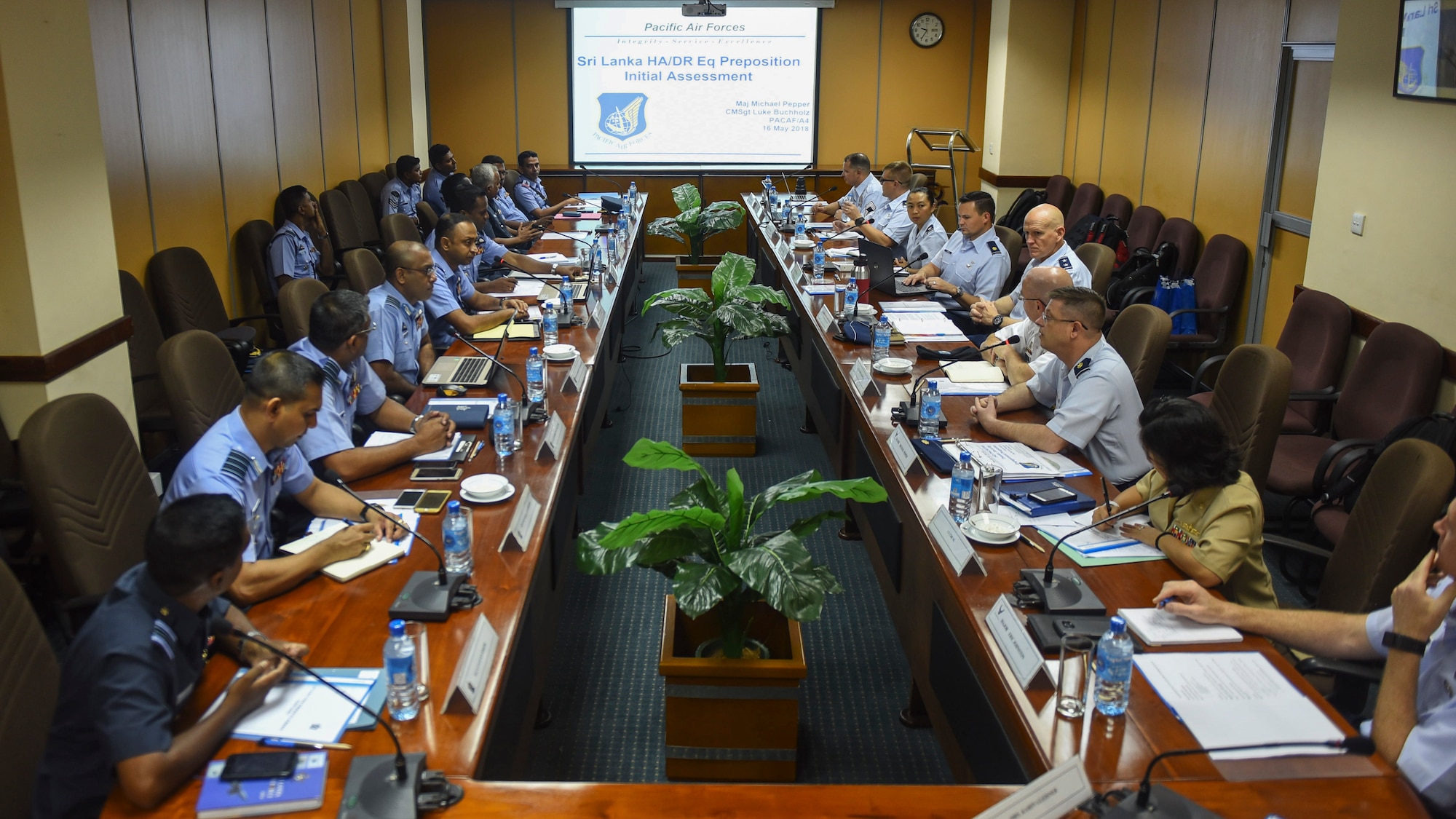 Airmen from the Sri Lanka Air Force and U.S. Air Force work together during the SLAF, USAF Airman to Airman Talks mid-May, 2018, in the SLAF Headquarters, Sri Lanka.