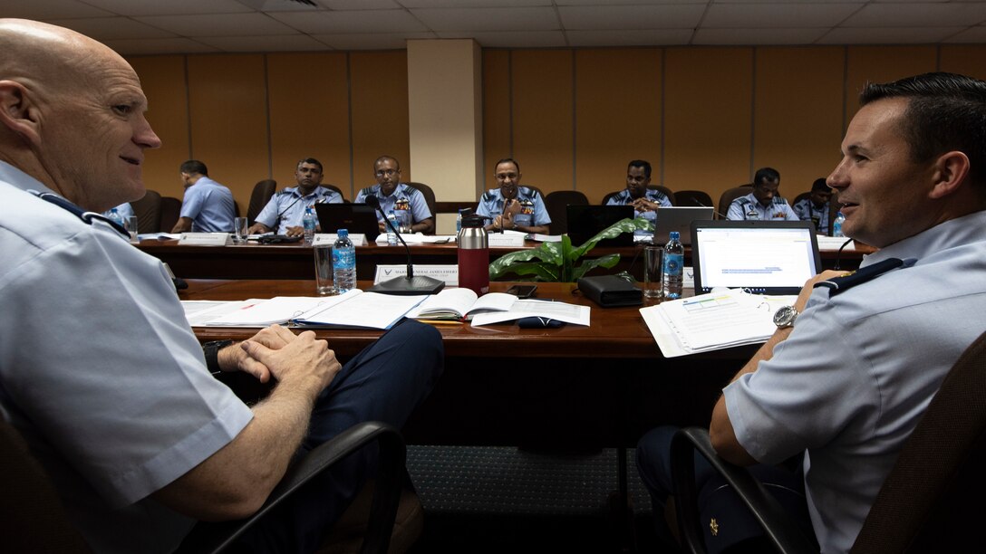 U.S. Air Force Maj. Gen. James O. Eifert, Air National Guard assistant To The commander of Pacific Air Forces (PACAF), and Maj. Mark Lesar, PACAF international affairs division country director for South Asia, talk with leadership from the Sri Lanka Air Force during SLAF, USAF Airman to Airman Talks mid-May, 2018, in the SLAF Headquarters, Sri Lanka