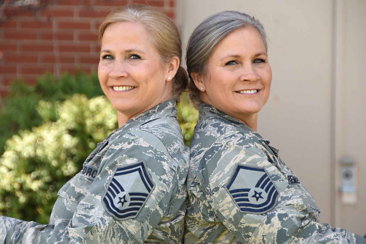 Senior Master Sgt. Tabatha King, newly selected Chief enlisted manager of the 178th Communications Flight, left, and Master Sgt. Tammy Remley, Senior NCO in charge of inspections with the 178th Inspector General Office, pose for a photo April 26 at Springfield-Beckley Air National Guard Base in Springfield, Ohio.