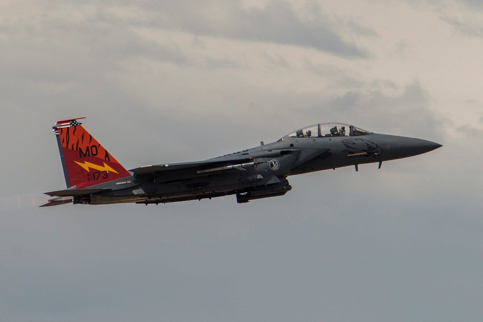 The Gunfighter Flagship F-15E Strike Eagle takes off during an exercise, May 22, 2018 at Mountain home Air Force Base, Idaho. Gunfighter Flag 18-2 encompassed both the Belgian Air Component and Idaho Civil Air Patrol. (U.S. Air Force photo by Airman 1st Class JaNae Capuno)