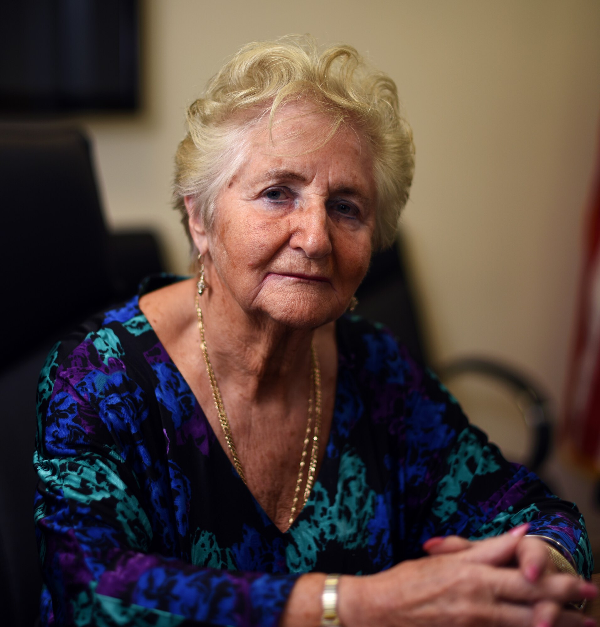 Patricia Hall, 100th Force Support Squadron Civilian Personnel Office human resource specialist supervisor, poses for a photo at RAF Mildenhall, England, Oct. 26, 2018. Hall retired after 53 years of service working for both the Ministry of Defence and U.S. Air Force at RAF Feltwell, RAF Lakenheath and RAF Mildenhall. (U.S. Air Force photo by Airman 1st Class Brandon Esau)
