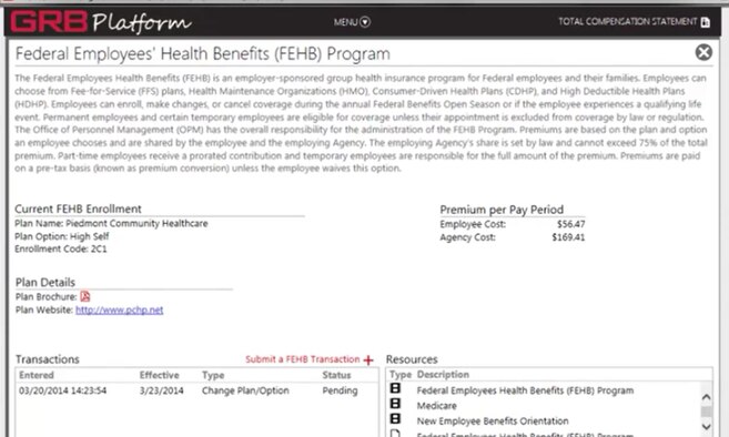 A screenshot of the Government Retirement and Benefits Platform, which can be accessed through MyPers. Open season is scheduled to begin Nov. 12 and will end Dec. 10, during which time federal employees can make changes to their health, dental and vision insurance. (U.S. Air Force graphic by Tech. Sgt. Lauren Gleason)