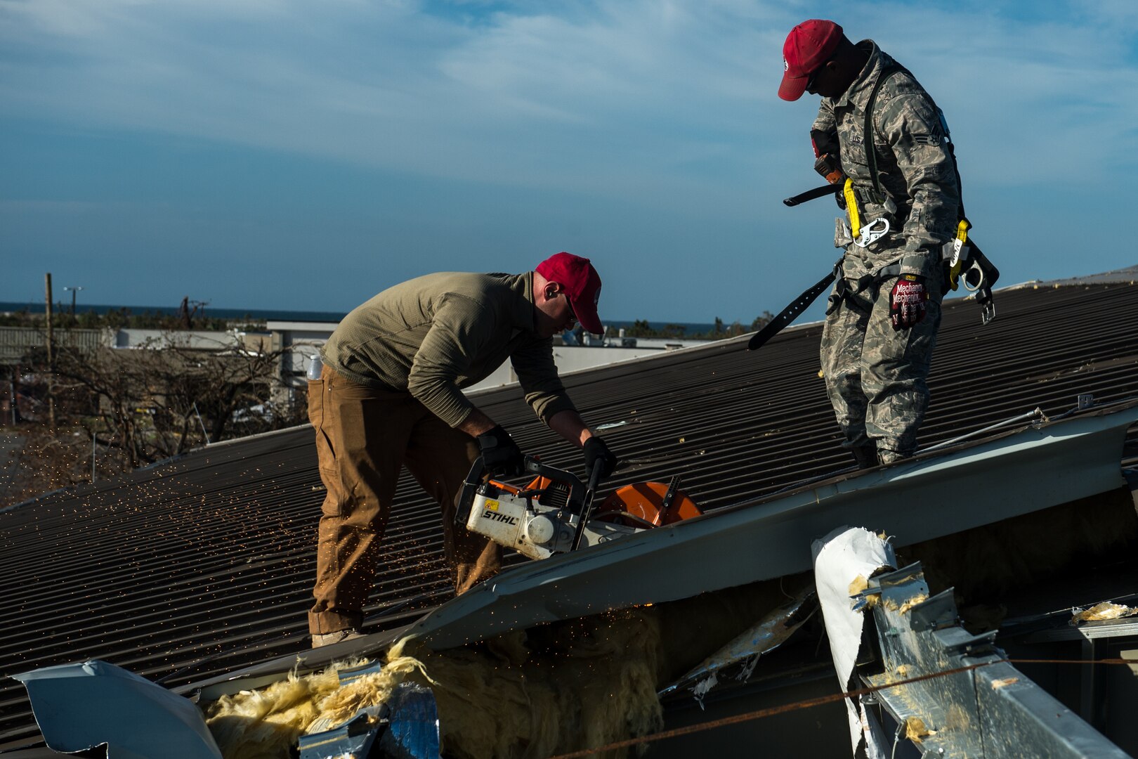 Airmen from 823rd RED HORSE Squadron at Hurlburt Field, Fla., perform structural repairs at the gas station Oct. 22 at Tyndall Air Force Base, Fla., after Hurricane Michael. Multiple major commands have mobilized relief assets in an effort to restore operations after the hurricane caused catastrophic damage to the base.