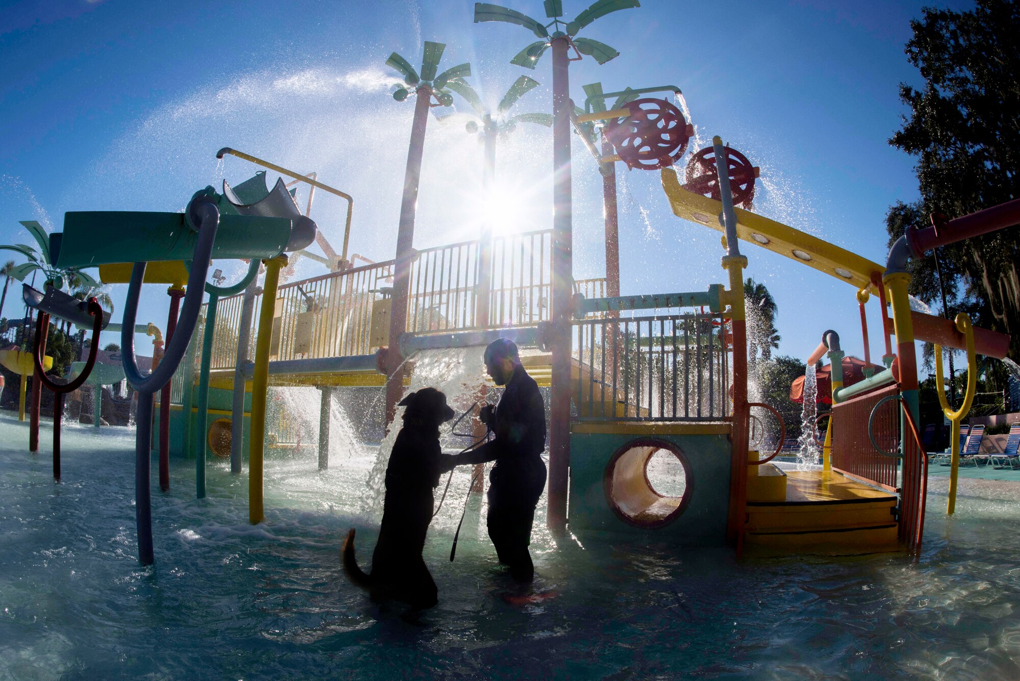 U.S. Air Force Senior Airman Damion Morris, a military dog handler assigned to the 6th Security Forces Squadron, tests the water with his military working dog, Lleonard, at Adventure Island, Tampa, Fla. Oct. 29, 2018.