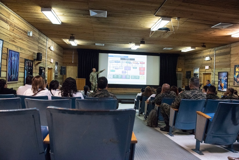 Students from the National Defense College are briefed on the organizational structure of Joint Task Force-Bravo during a visit to Soto Cano Air Base, Honduras, Oct. 25, 2018