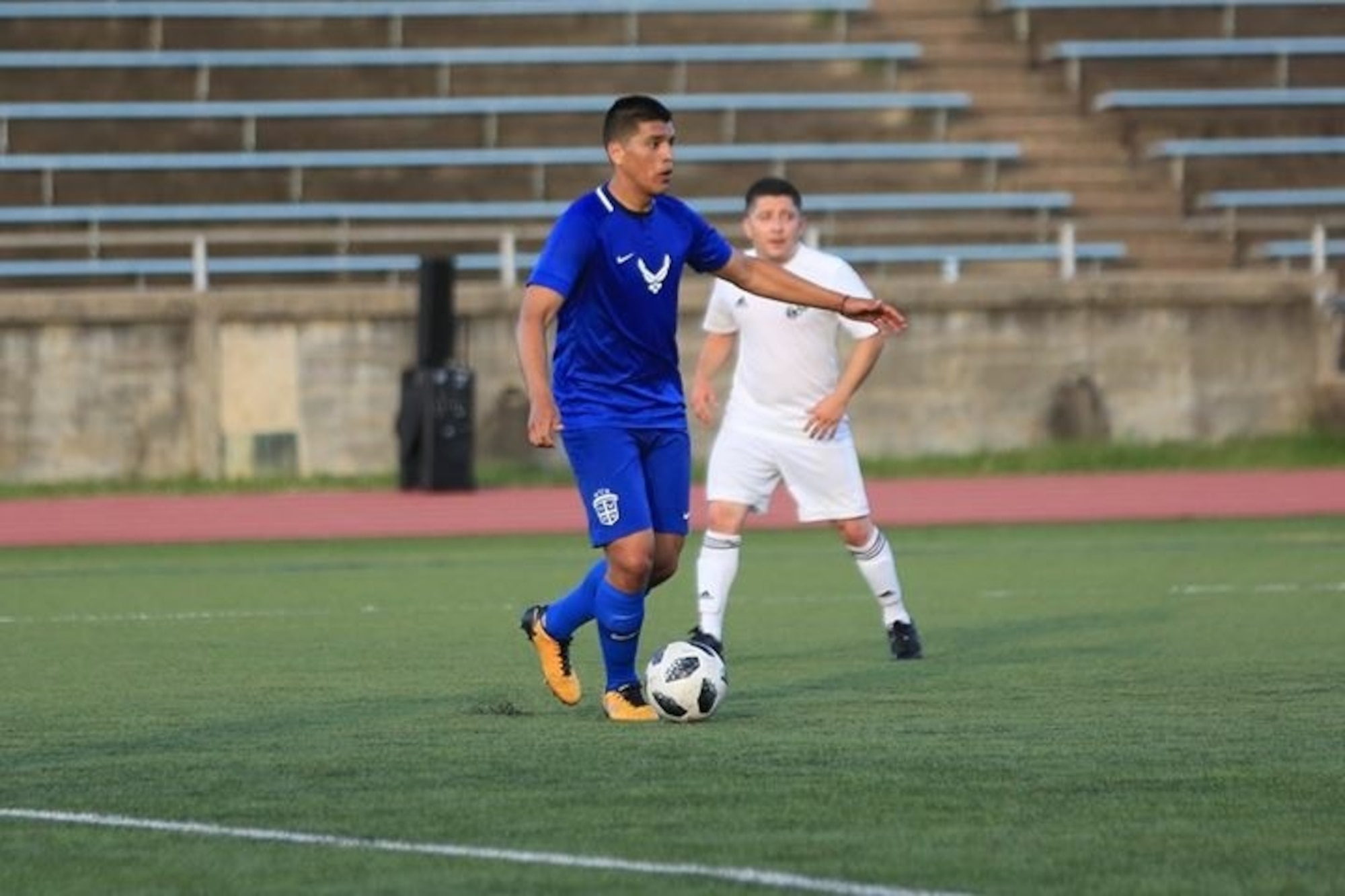 Tech. Sgt. Jose Zepeda, 148th Space Operations Squadron satellite systems operator, plays for U.S. Air Force soccer team at the Armed Forces Tournament June 5, 2018 at Fort Bragg, N.C. Zepeda was one of 18 who were seleceted to be on the U.S. Air Force soccer team and play at the tournament. (Complimentary photo)