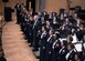 Col. Larry H. Lang, U.S. Air Force Band commander and conductor, salutes the crowd during a performance at the V. Sue Cleveland High Concert Hall in Rio Rancho, N.M., Oct. 17, 2018. After 29 years of service, Lang is scheduled to retire in January. (U.S. Air Force photo by Senior Airman Abby L. Richardson)