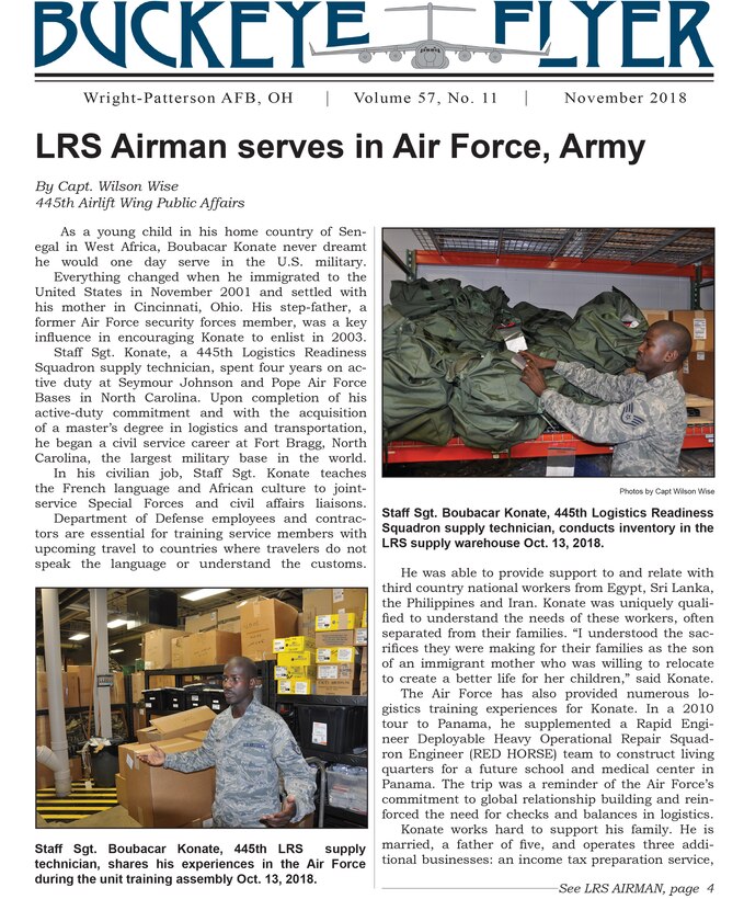 The November 2018 issue of the Buckeye Flyer is now available. The official publication of the 445th Airlift Wing includes eight pages of stories, photos and features pertaining to the 445th Airlift Wing, Air Force Reserve Command and the U.S. Air Force.