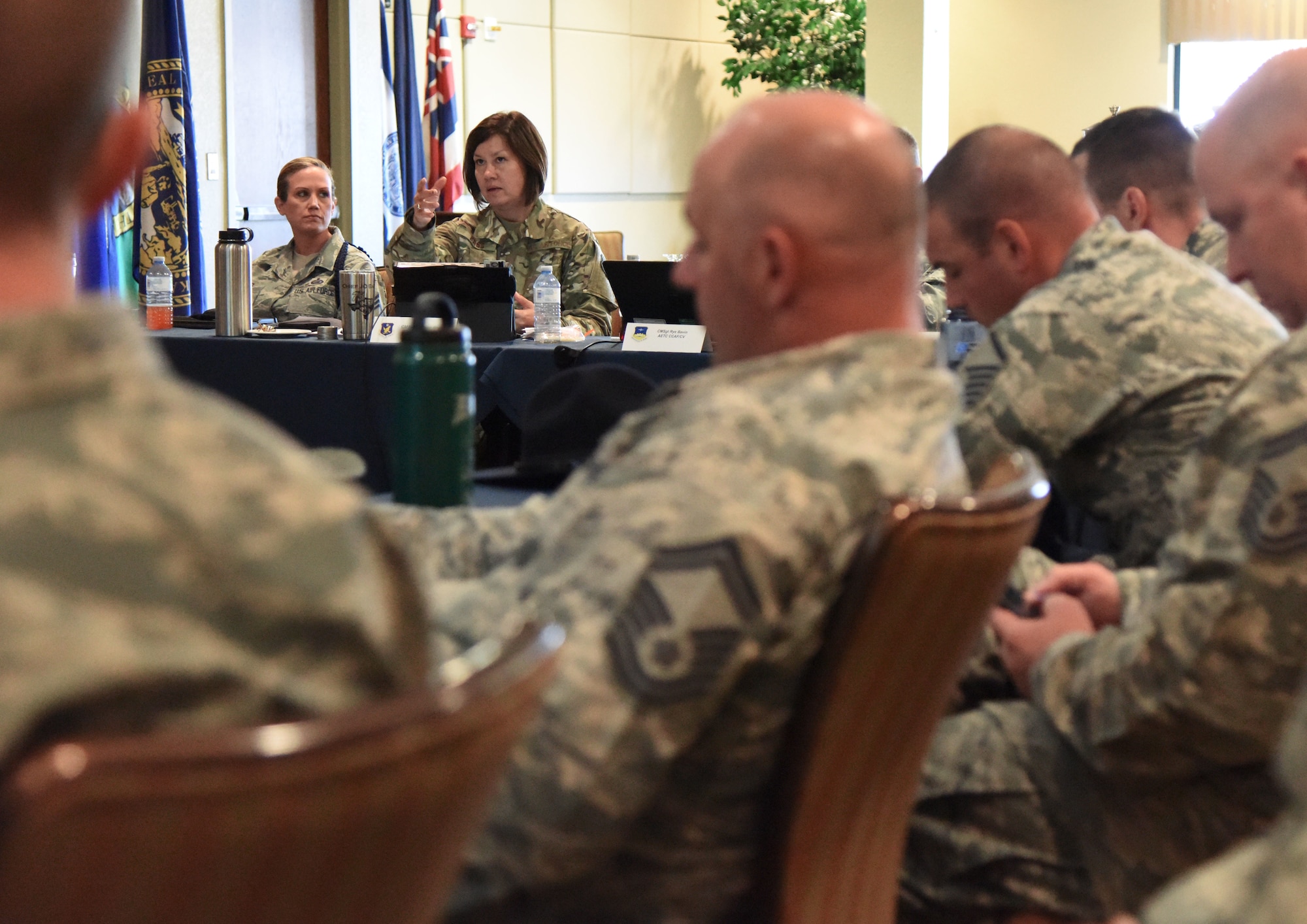 U.S. Air Force Chief Master Sgt. JoAnne Bass, 2nd Air Force command chief, engages in a discussion with attendees during the 2nd Air Force Training Group Superintendent Summit at Keesler Air Force Base, Mississippi, Oct. 30, 2018. The two-day summit allowed training group senior enlisted leaders to share their missions and identify challenges and best practices that could be implemented throughout the command. (U.S. Air Force photo by Kemberly Groue)