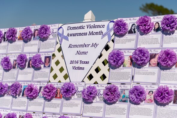 A white fence set up at the Losano Fitness Center at Laughlin Air Force Base, Texas commemorates Texas’ victims of domestic violence on October 29, 2018. According to the National Resource Center on Domestic Violence, 1 in 4 women and 1 in 7 men have been victims of severe physical violence by an intimate partner in their lifetime. (U.S. Air Force photo by Senior Airman Daniel Hambor)