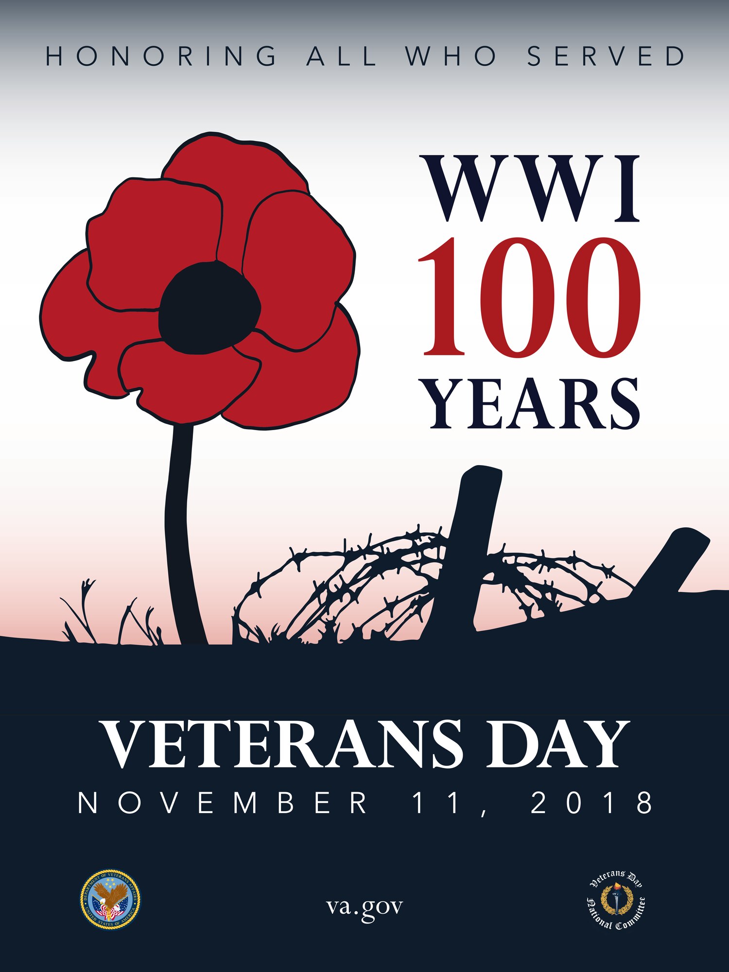 2018 marks the Centennial Commemoration of the end of World War I on November 11, 1918. The theme for the 2018 Veterans Day Poster is: “The War to End All Wars” and features a poppy and barbed wire.
