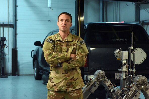 Senior Airman Juddson Hydrick, 341st Civil Engineer Squadron Explosive Ordnance Disposal team member, stands in the team’s shop on Oct. 31, 2018, at Malmstrom Air Force Base, Mont. Hydrick was the first person to step forward to stop an attack on a woman by a man with a knife to her throat at a shopping center Aug. 19, 2018, in Great Falls, Mont. (U.S. Air Force photo by Kiersten McCutchan)