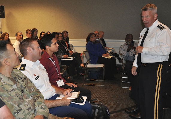 U.S. Army Corps of Engineers Los Angeles District Employees and military members listen as Lt. Gen. Todd Semonite, commanding general of the U.S. Army Corps of Engineers, talks about talent management, delivering the program and revolutionizing the Corps during a town hall meeting Oct. 18 at the Hispanic Engineer National Achievement Awards Conference in Pasadena, California.