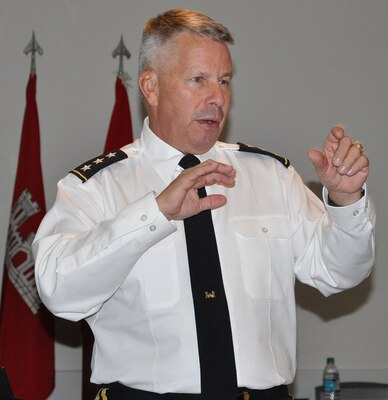 Lt. Gen. Todd Semonite, commanding general of the U.S. Army Corps of Engineers, talks about talent management, delivering the program and revolutionizing the Corps during a town hall meeting Oct. 18 at the Hispanic Engineer National Achievement Awards Conference in Pasadena, California.