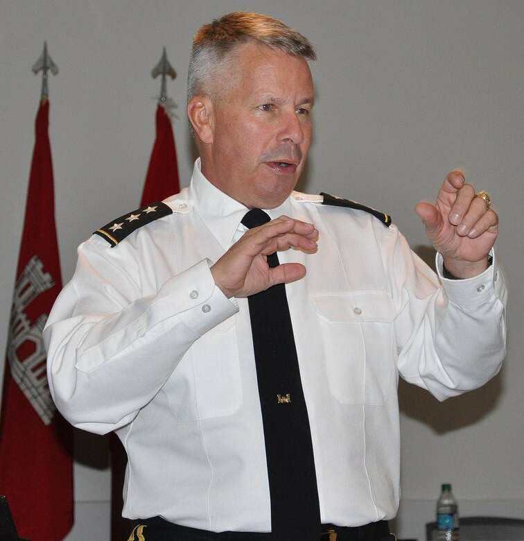 Lt. Gen. Todd Semonite, commanding general of the U.S. Army Corps of Engineers, talks about talent management, delivering the program and revolutionizing the Corps during a town hall meeting Oct. 18 at the Hispanic Engineer National Achievement Awards Conference in Pasadena, California.