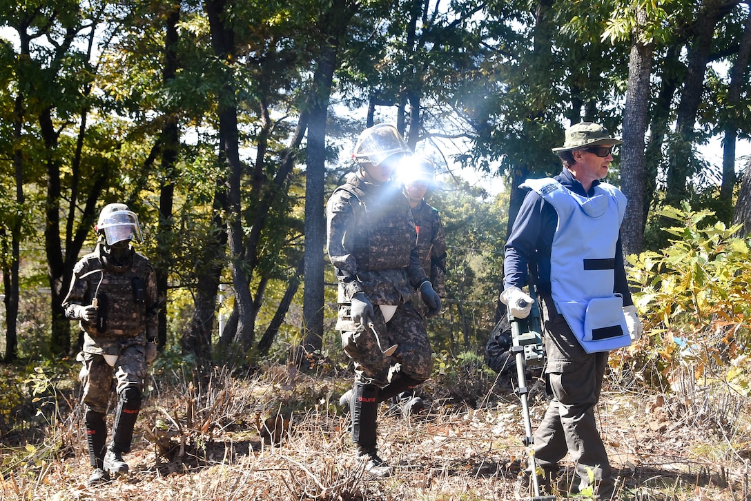 Tom Meeks (far right), a United States  Army Corps of Engineers, Engineering and Support Center quality control representative, surveys an area near the South Korea Demilitarized Zone along with Republic of Korea
Army engineer soldiers during a mine clearing mission, Oct. 19.